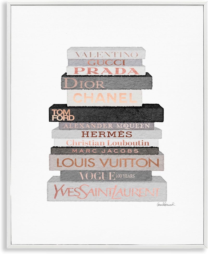 Stupell Industries Neutral Grey and Rose Gold Fashion Bookstack, Design by Amanda Greenwood White Framed Wall Art, 11 x 14 - Image 1
