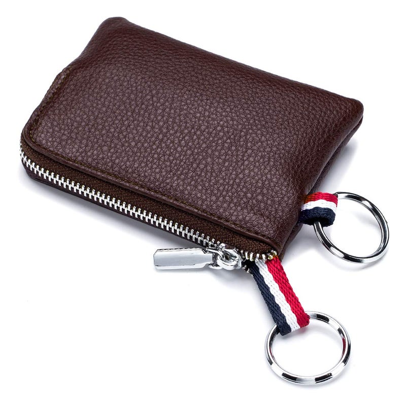imeetu Leather Coin Purse Wallet, Mini Dual Keyrings Change Pouch Card Holder for Men Women (Coffee, standard) - Image 1