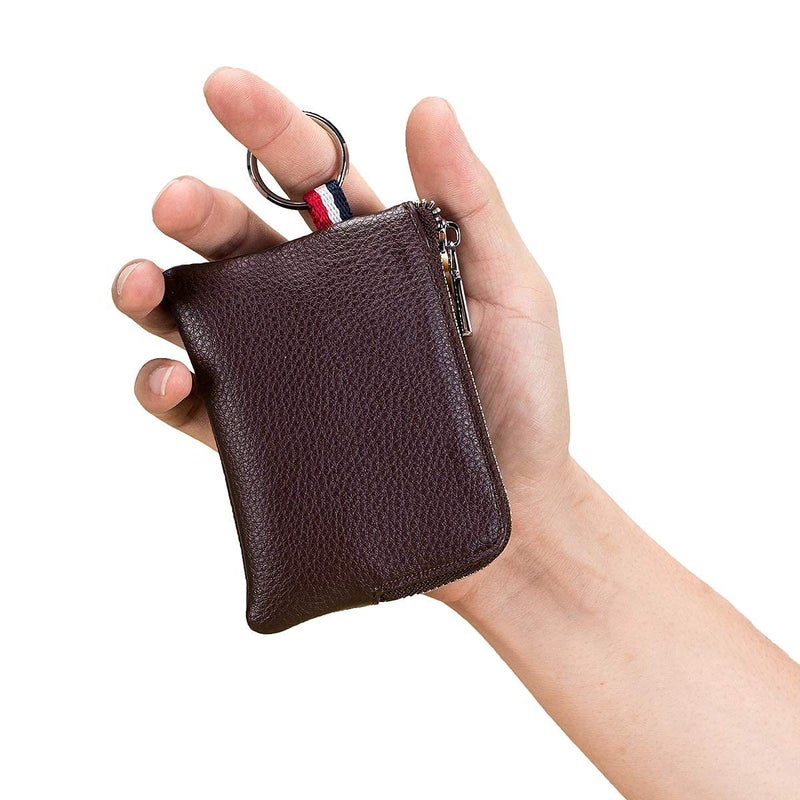 imeetu Leather Coin Purse Wallet, Mini Dual Keyrings Change Pouch Card Holder for Men Women (Coffee, standard) - Image 2