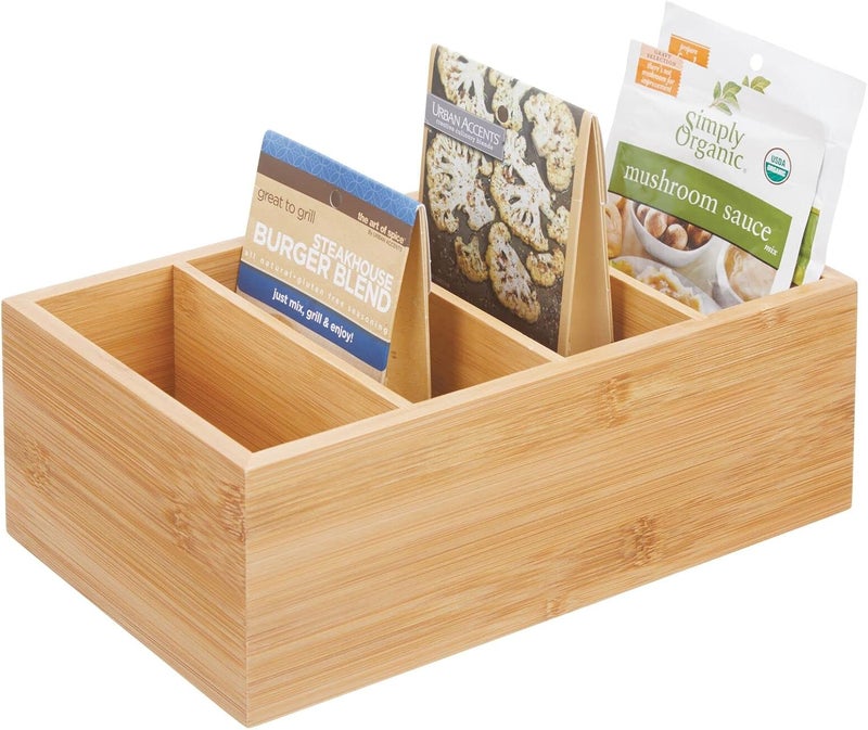 mDesign Bamboo Wood Compact Food Storage Organizer Bin Box - 4 Divided Sections - Holder for Seasoning Packets, Pouches, Soups, Spices, Snacks - Natural - Image 1