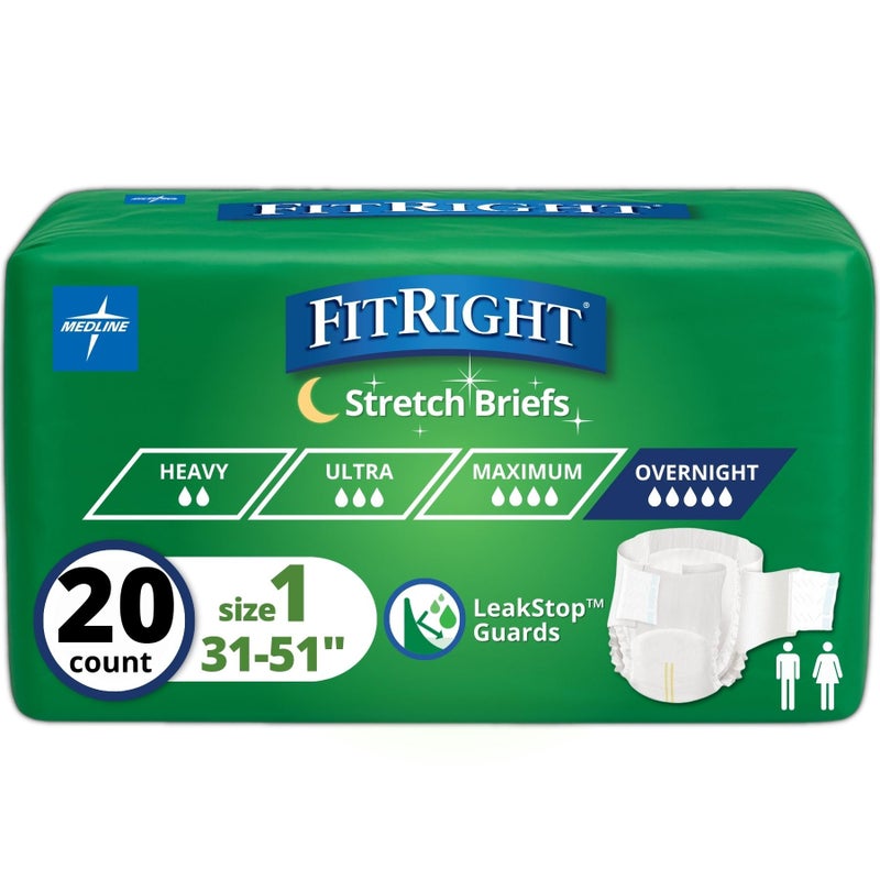 Medline FitRight Extended Wear Stretch Briefs Overnight Adult Diapers with Tabs Size 1 Bag of 20