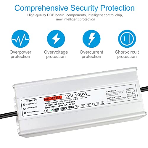 LEDLightsWorld 12V 100W IP67 Waterproof Outdoor Power Supply, AC 80-265V to DC 12 Volt LED Driver, Transformer, Adapter for LED Strip Light, 3D Printer, Computer Project, CCTV - Image 4