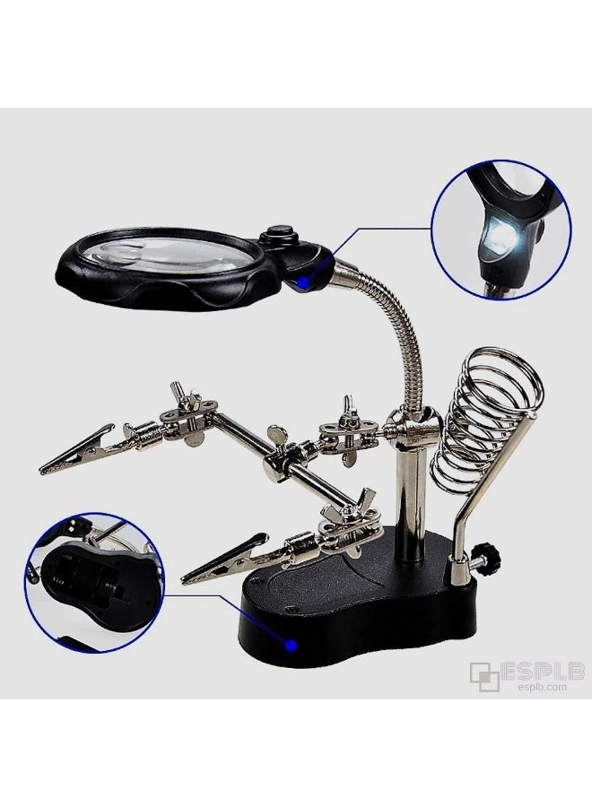Soldering iron holder and hand clamp with LED magnifying lens, magnifying repair tools, and DIY aid clamp - Image 1