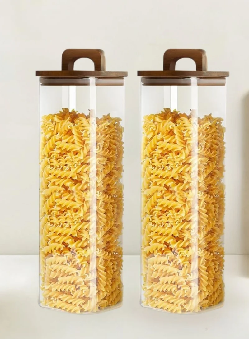 1Chase Square Glass Storage Jars with Acacia Wood Lids – Set of 2 (1800ml) Large Pantry Containers with Handle Lids for Pasta, Oats, Flour, Cookies, Coffee, Rice & More