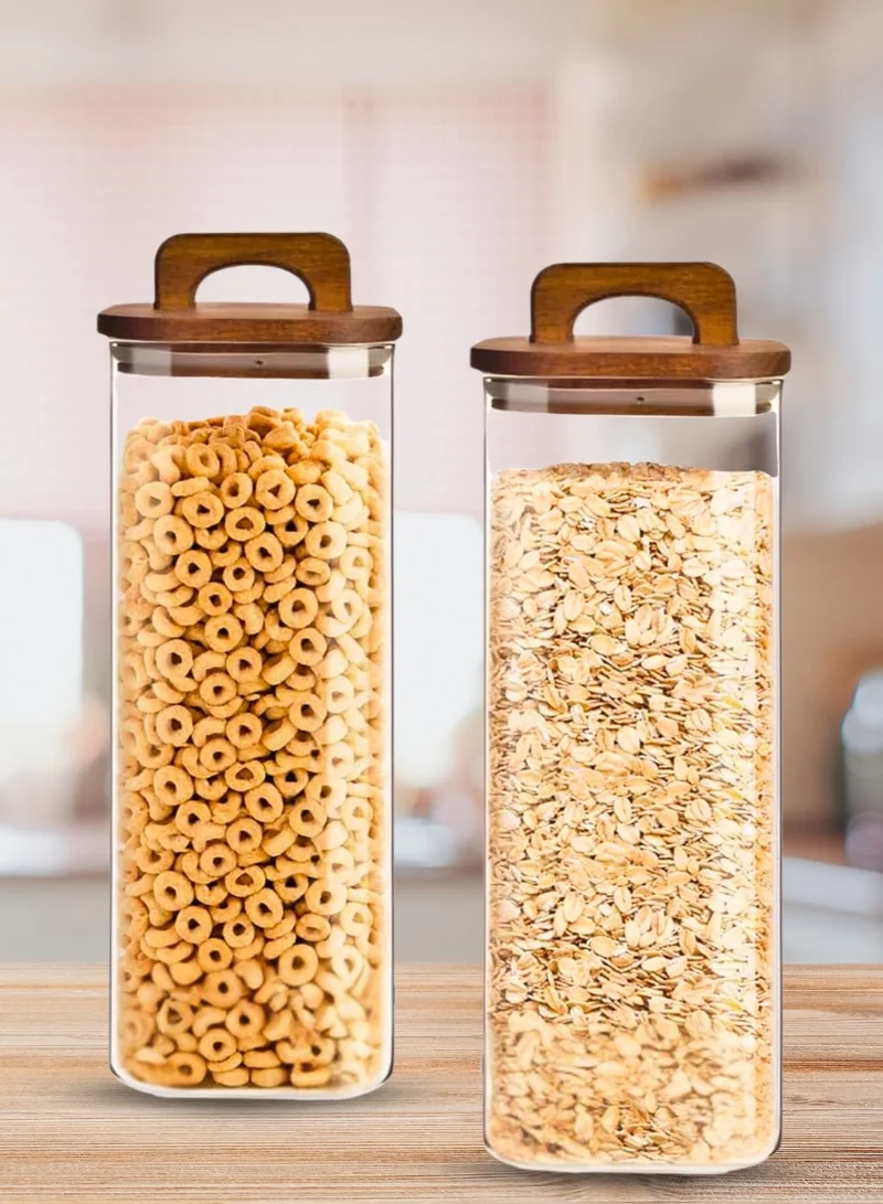 1Chase Square Glass Storage Jars with Acacia Wood Lids – Set of 2 (1800ml) Large Pantry Containers with Handle Lids for Pasta, Oats, Flour, Cookies, Coffee, Rice & More