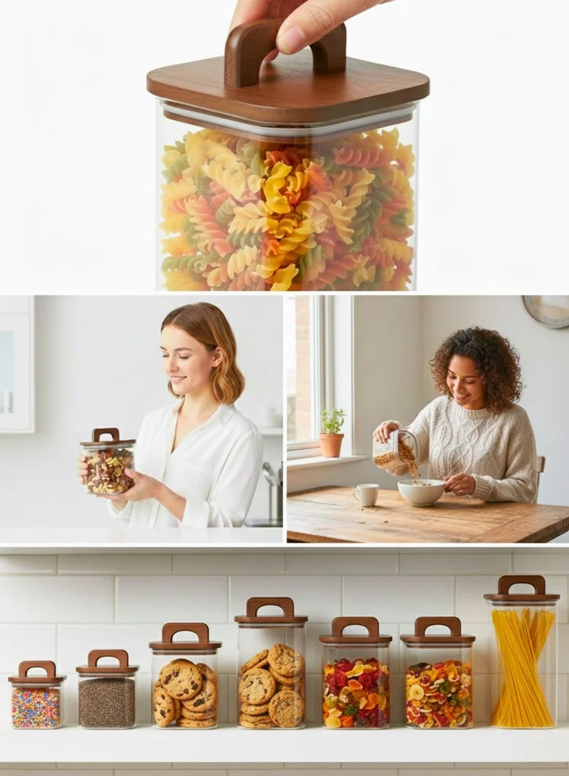 1Chase Square Glass Storage Jars with Acacia Wood Lids – Set of 2 (1800ml) Large Pantry Containers with Handle Lids for Pasta, Oats, Flour, Cookies, Coffee, Rice & More