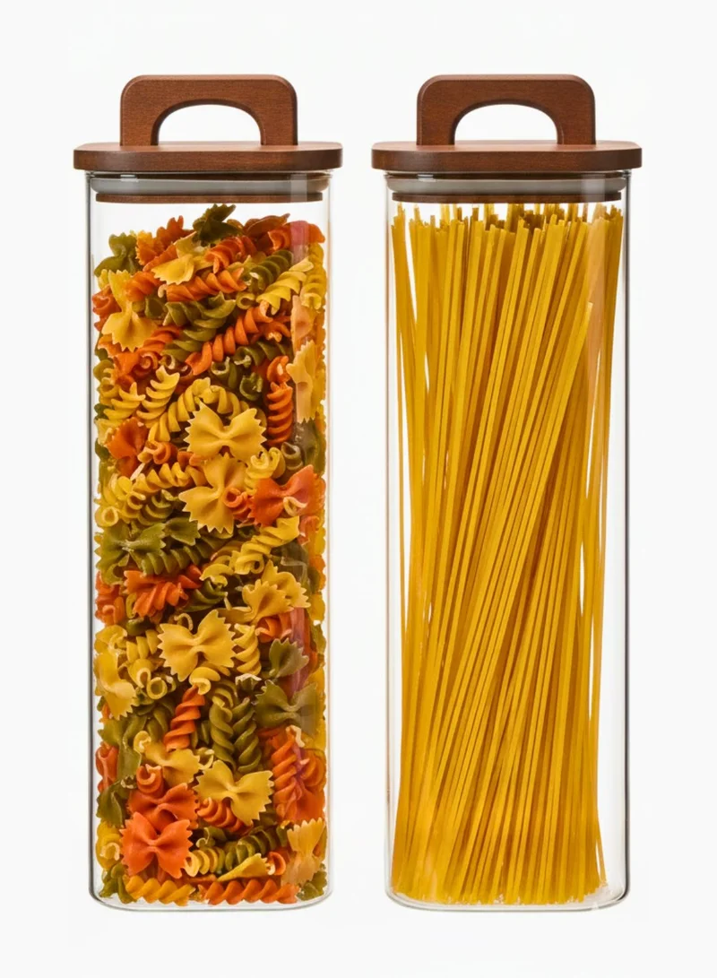 1Chase Square Glass Storage Jars with Acacia Wood Lids – Set of 2 (1800ml) Large Pantry Containers with Handle Lids for Pasta, Oats, Flour, Cookies, Coffee, Rice & More