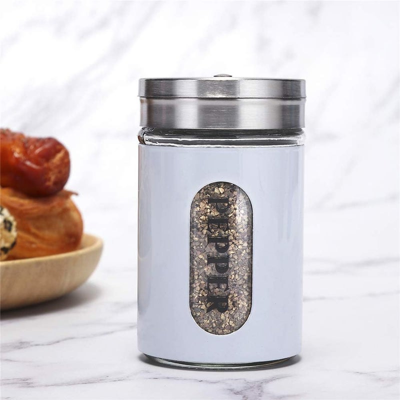 STJKBDFC Salt and Pepper Shakers Stainless Steel and Glass Set with Adjustable Pour Holes (White) - Image 5