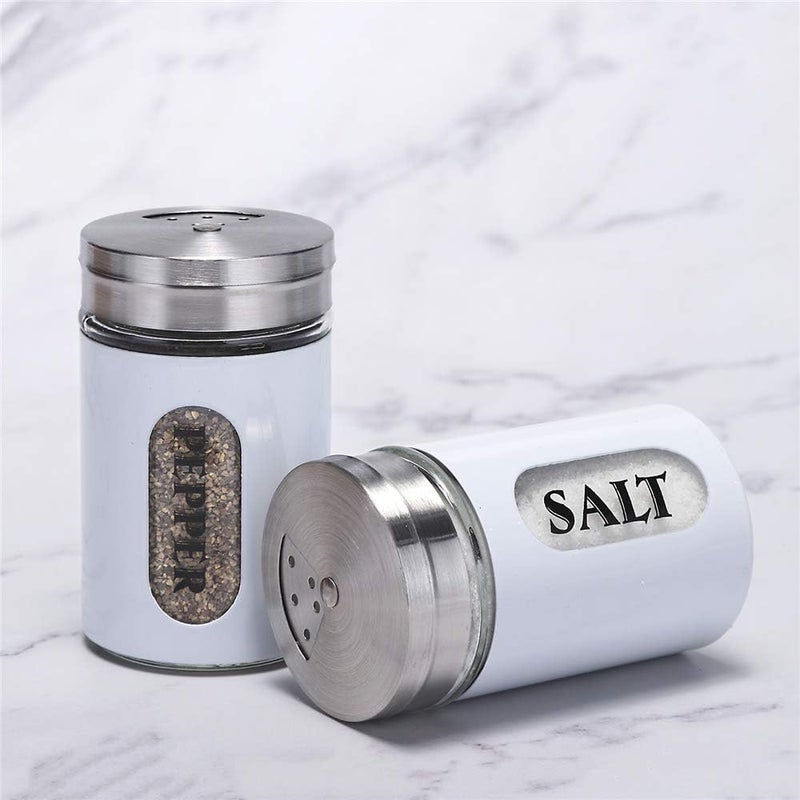 STJKBDFC Salt and Pepper Shakers Stainless Steel and Glass Set with Adjustable Pour Holes (White) - Image 3