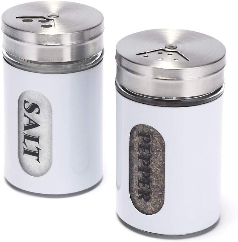 STJKBDFC Salt and Pepper Shakers Stainless Steel and Glass Set with Adjustable Pour Holes (White) - Image 1