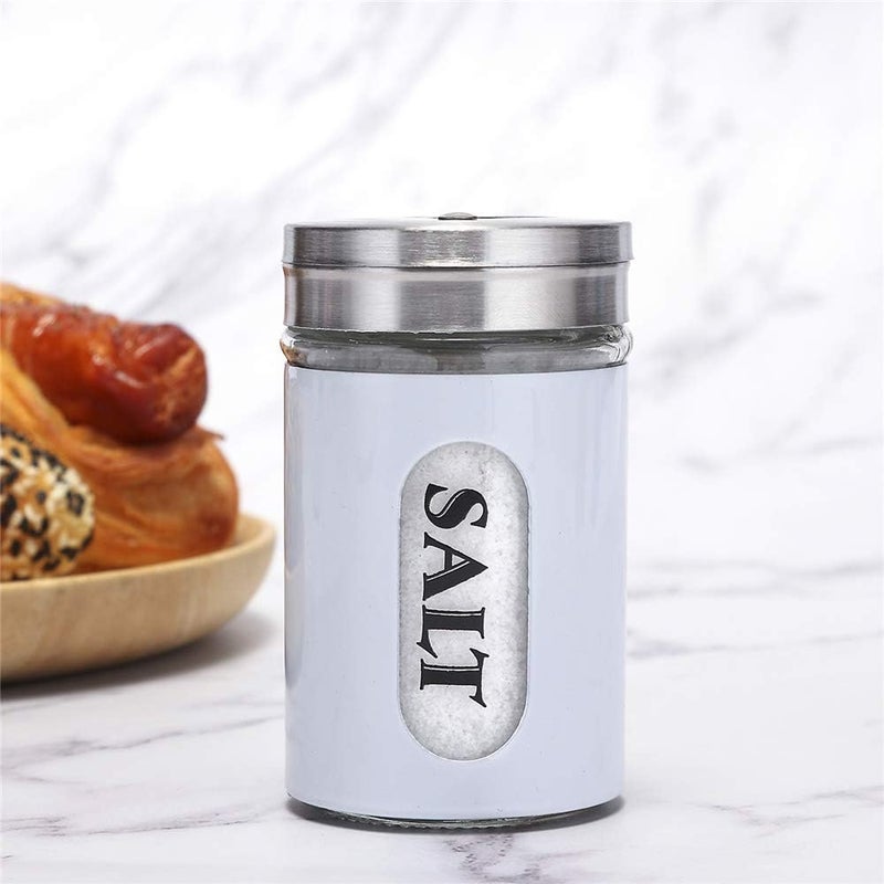 STJKBDFC Salt and Pepper Shakers Stainless Steel and Glass Set with Adjustable Pour Holes (White) - Image 4