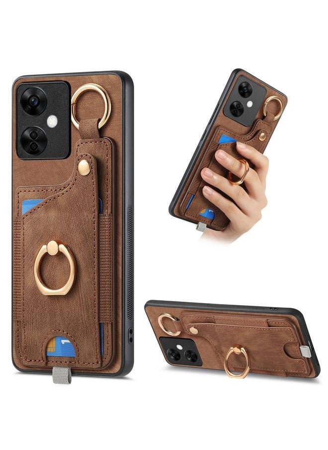 Green Tiger For OnePlus Nord CE3 Retro Skin-feel Ring Card Bag Phone Case with Hang Loop(Brown) 