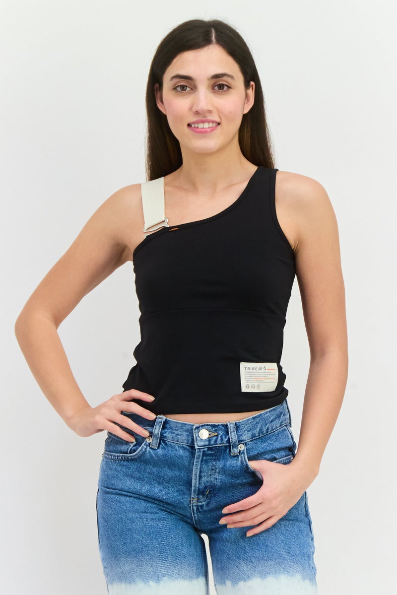 TRIBE OF 6 Women Asymmetric Neck Sleeveless  Brand Logo Tank Top, Black - Image 1