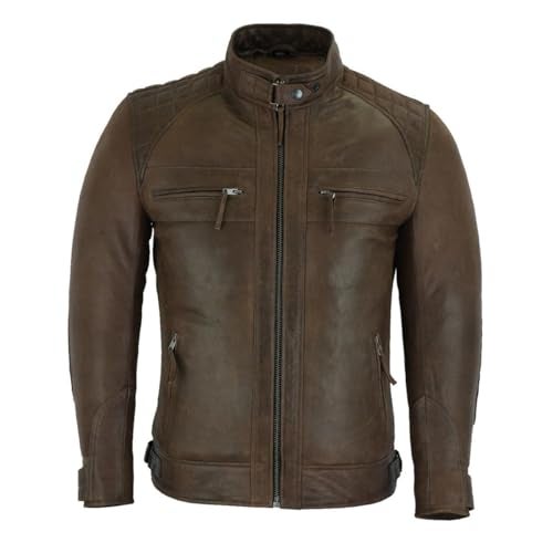 Vance Leather فانس لثير للرجال جاكيت دراجة نارية من جلد الحملان المشمع باللون البني الشوكولاتي، لون بُنّي شوكولاتي - Image 3