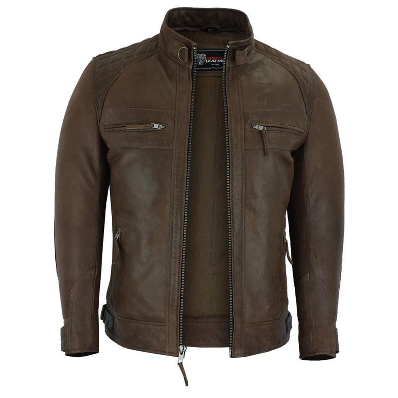 Vance Leather فانس لثير للرجال جاكيت دراجة نارية من جلد الحملان المشمع باللون البني الشوكولاتي، لون بُنّي شوكولاتي - Image 2