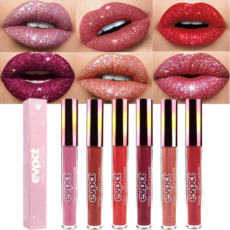 evpct 6Pcs Diamond Lip Gloss Matte to Glitter Liquid Lipstick Waterproof, Metallic Metal Shimmer Liquid Diamond Glitter Sparkle Sparkling Lipstick Lip Gloss Sets for Women Lips Kit, glitter+lipstick - Image 1