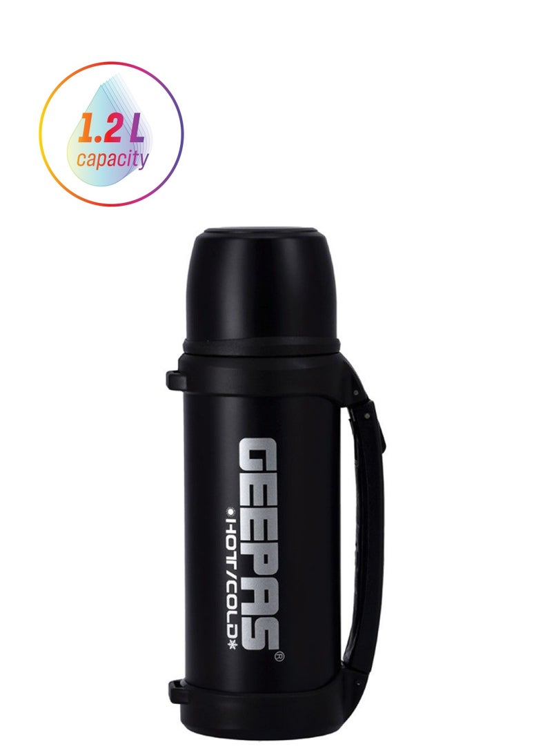 GEEPAS Vacuum Insulated Flask Leak Proof Stainless Steel Double Walled Thermal Mug for Hot or Cold Drink Silver/Black 1.2Liters - Image 1