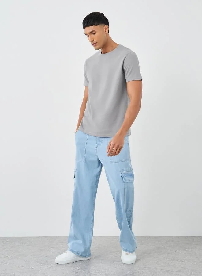 Styli Men Grey Popcorn Textured Knit Crew Neck T-Shirt