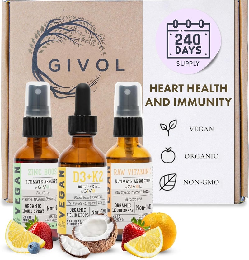 GIVOL Immunity Support Pack  Raw Vitamin C D3  K2 Liquid Zinc Picolinate  Premium Heart Health Vitamins wEssential Minerals Antioxidant Properties  Cardiovascular Benefits  180 Days Supply - Image 1