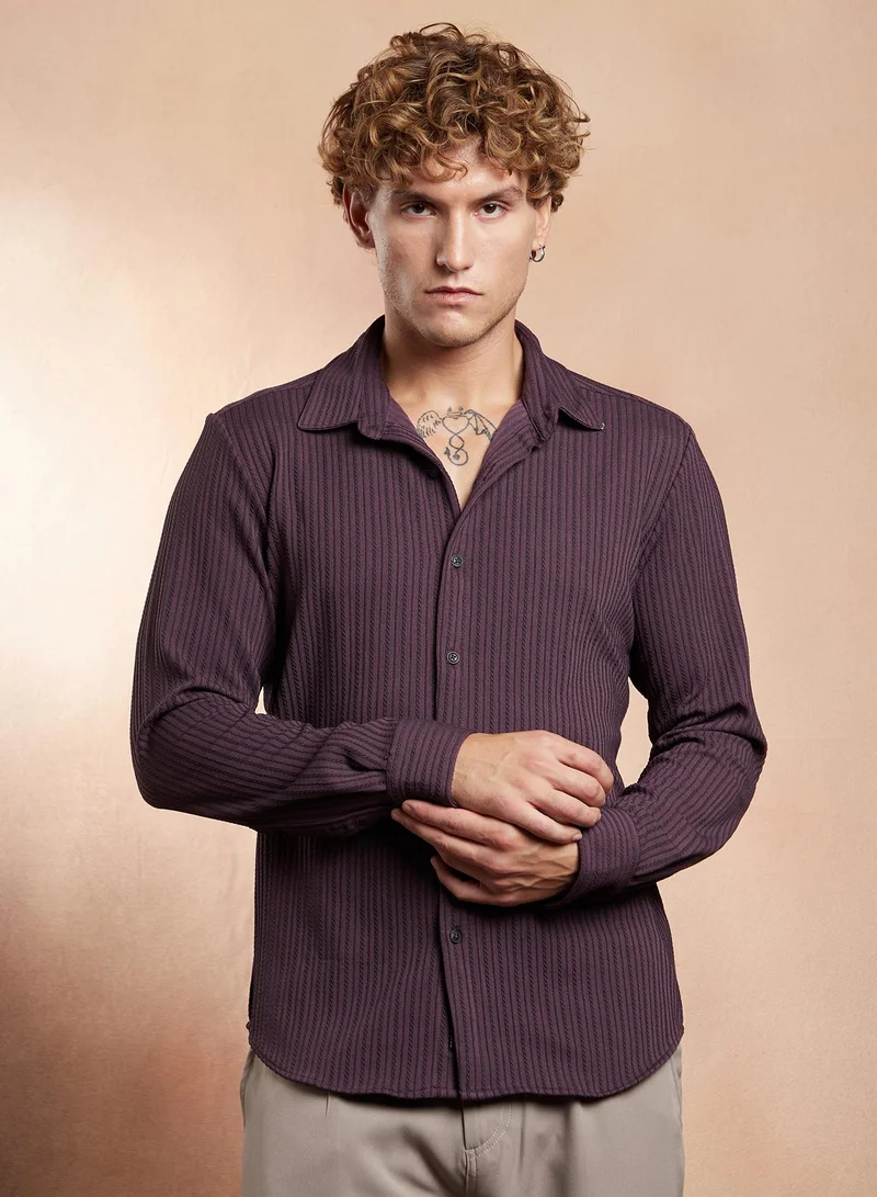 Campus Sutra Campus Sutra Men's Amethyst Purple Rope-Striped Tactile Shirt For Casual Wear | Spread Collar | Long Cuffed Sleeves | Button Closure | Shirt Crafted With Comfort Fit For Everyday Wear