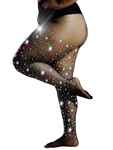 HONENNA Queen Plus Size 10X Strong Rhinestone Fishnet Stockings, Ultra Sparkly Curvy High Waist Tights for Women, 1 Pair Black 3XL-4XL - Image 3