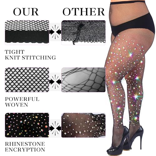 HONENNA Queen Plus Size 10X Strong Rhinestone Fishnet Stockings, Ultra Sparkly Curvy High Waist Tights for Women, 1 Pair Black 3XL-4XL - Image 4