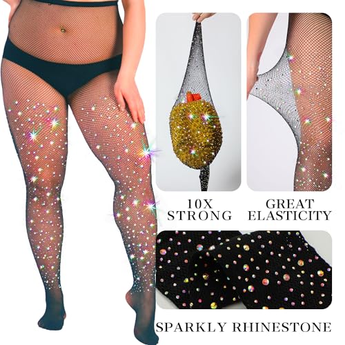HONENNA Queen Plus Size 10X Strong Rhinestone Fishnet Stockings, Ultra Sparkly Curvy High Waist Tights for Women, 1 Pair Black 3XL-4XL - Image 2