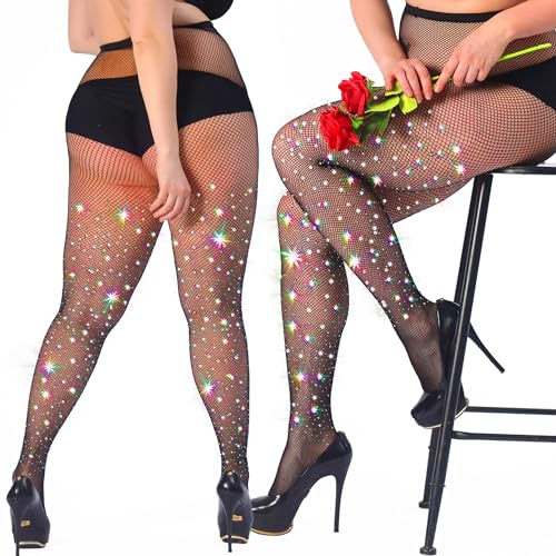 HONENNA Queen Plus Size 10X Strong Rhinestone Fishnet Stockings, Ultra Sparkly Curvy High Waist Tights for Women, 1 Pair Black 3XL-4XL - Image 5
