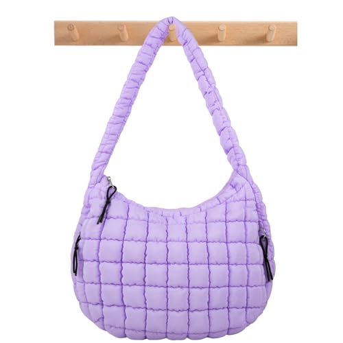 Iqimott Quilted Puffer Tote Bag Large Crossbody Shoulder Bag with Zipper, Nylon Bubble Hobo Bags Travel Top Handle Handbag for Women, Oversized Padding Quilted Bag Soft Large Carryall Bag (Purple) - Image 1