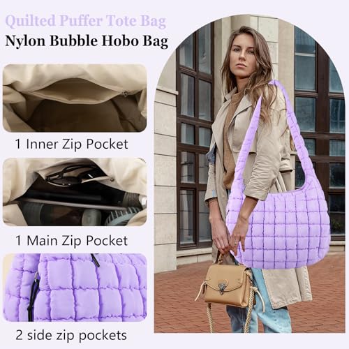 Iqimott Quilted Puffer Tote Bag Large Crossbody Shoulder Bag with Zipper, Nylon Bubble Hobo Bags Travel Top Handle Handbag for Women, Oversized Padding Quilted Bag Soft Large Carryall Bag (Purple) - Image 4