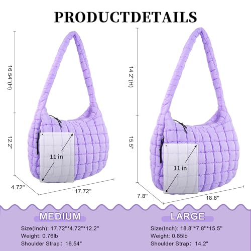 Iqimott Quilted Puffer Tote Bag Large Crossbody Shoulder Bag with Zipper, Nylon Bubble Hobo Bags Travel Top Handle Handbag for Women, Oversized Padding Quilted Bag Soft Large Carryall Bag (Purple) - Image 2