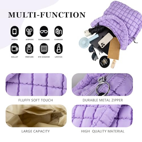 Iqimott Quilted Puffer Tote Bag Large Crossbody Shoulder Bag with Zipper, Nylon Bubble Hobo Bags Travel Top Handle Handbag for Women, Oversized Padding Quilted Bag Soft Large Carryall Bag (Purple) - Image 3