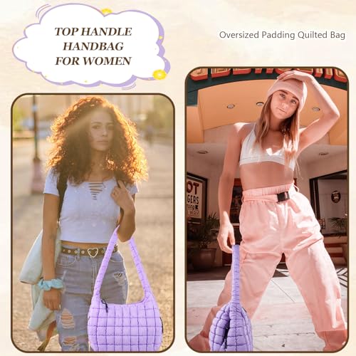 Iqimott Quilted Puffer Tote Bag Large Crossbody Shoulder Bag with Zipper, Nylon Bubble Hobo Bags Travel Top Handle Handbag for Women, Oversized Padding Quilted Bag Soft Large Carryall Bag (Purple) - Image 5