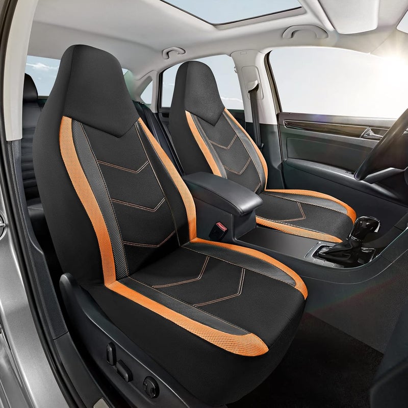 PIC AUTO High Back Front Car Seat Covers - Sports Carbon Fiber Mesh Design, Two Front Set, Airbag Compatible, Universal Fit for Most Cars (Orange) - Image 2