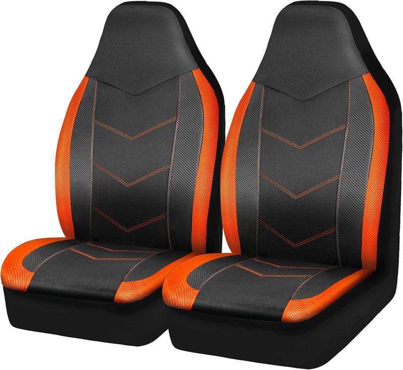 PIC AUTO High Back Front Car Seat Covers - Sports Carbon Fiber Mesh Design, Two Front Set, Airbag Compatible, Universal Fit for Most Cars (Orange) - Image 1