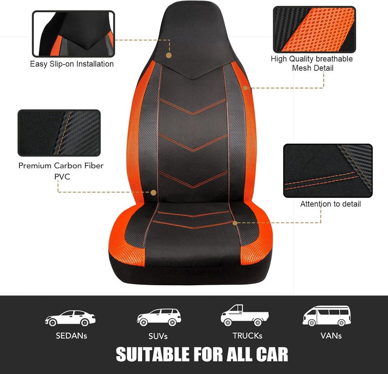 PIC AUTO High Back Front Car Seat Covers - Sports Carbon Fiber Mesh Design, Two Front Set, Airbag Compatible, Universal Fit for Most Cars (Orange) - Image 5