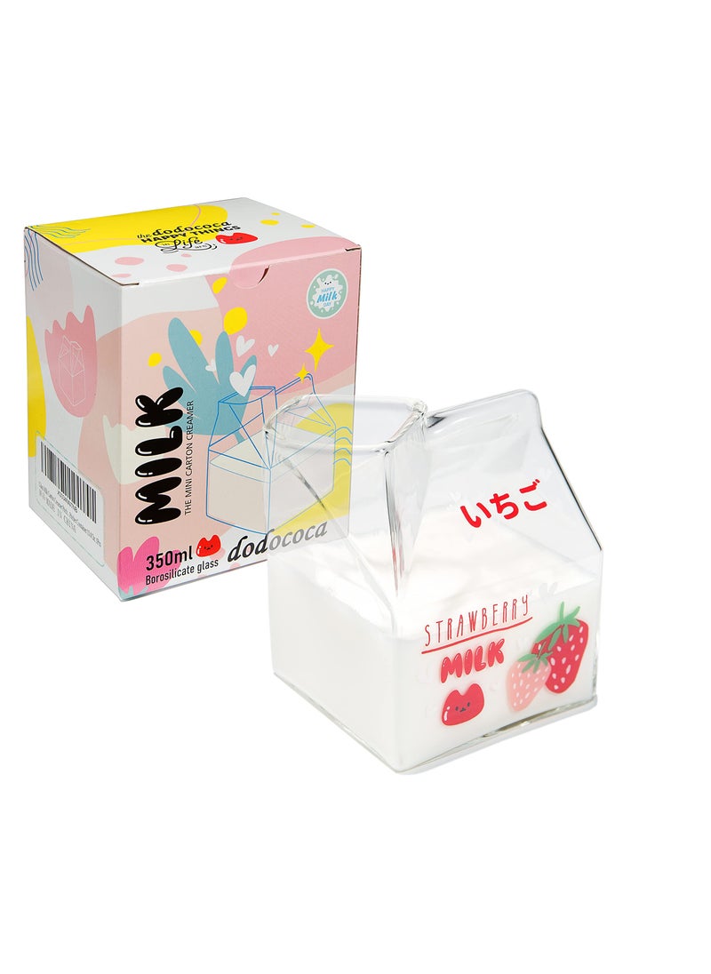 dodococa Kawaii Glass Milk Carton Cup Cute Strawberry Milk Cup Mini Creamer Pitcher Container Microwavable 12 Oz 1Pcs 