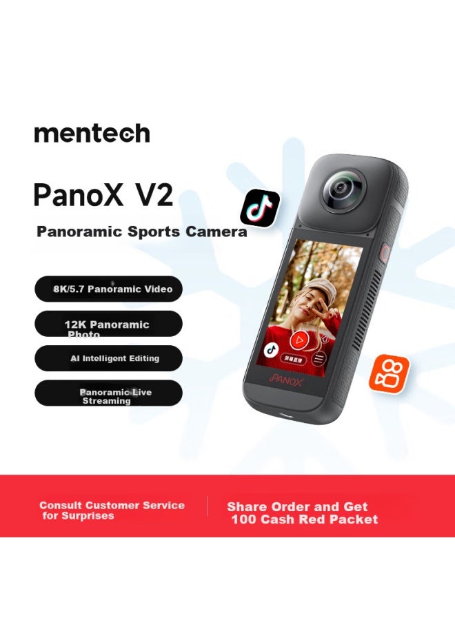 Mentech Panox V2 Panoramic Action Camera With Stabilization And Waterproof, 5.7k High Definition Vlog Camera For Motorcycle Riding, Skiing, Diving, And Fishing - Image 1