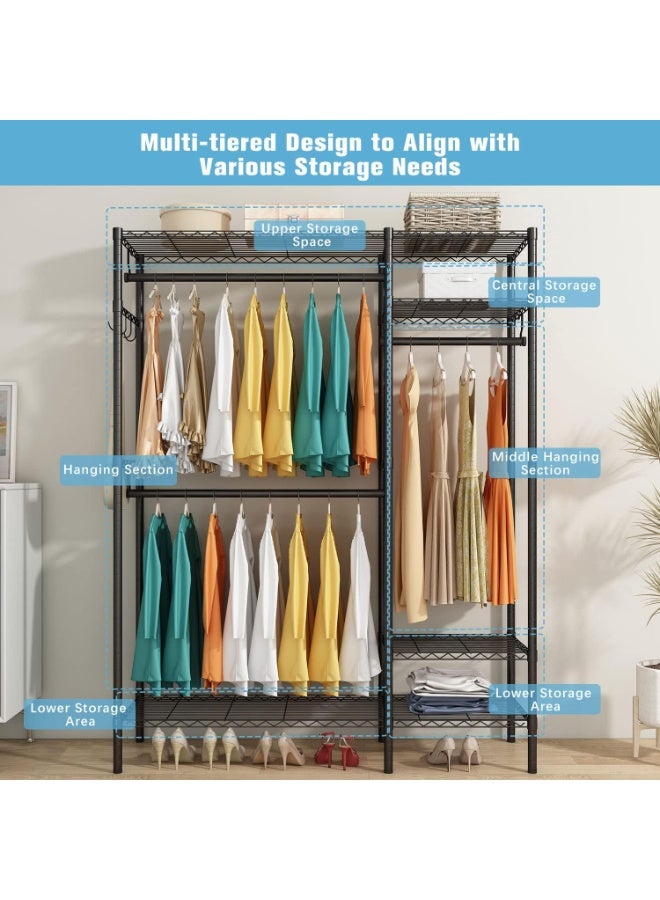 Forthcan Adjustable Metal Clothes Rack with Wheels, Multifunctional Wardrobe Organizer with Hanging Rods and Storage Shelves (Black, 114×42×194 cm) - Image 4