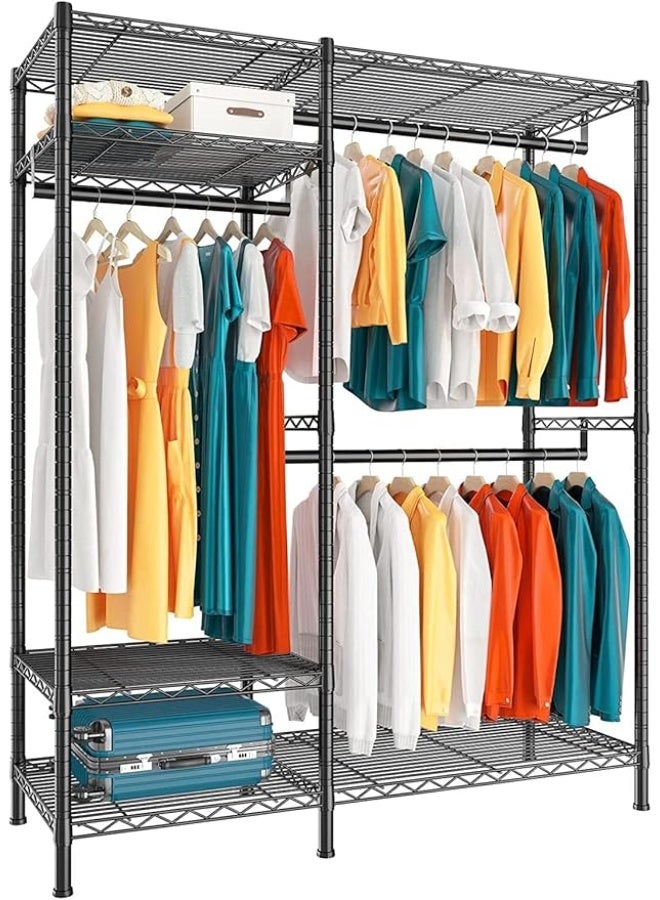 Forthcan Adjustable Metal Clothes Rack with Wheels, Multifunctional Wardrobe Organizer with Hanging Rods and Storage Shelves (Black, 114×42×194 cm) - Image 1