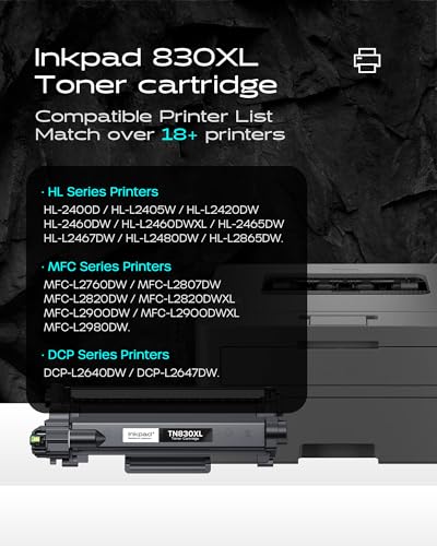 iNKPAD TN830XL Compatible Toner Cartridge High Yield Replacement for Brother TN830XL TN830 Compatible with HL-L2460DW DCP-L2640DW MFC-L2820DW HL-L2420DW HL-L2405W Printers (2 Black) - Image 2