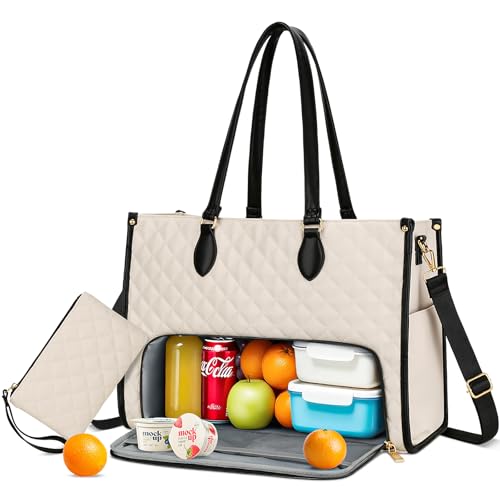 KKXIU Lunch Bag for Women 156 Laptop Bag with Insulated Lunch Compartment 2 in 1 Tote Lunch Bags Combo with Large Capacity Quilted Computer Handbag for Work Office Nurse Teacher Beige - Image 1