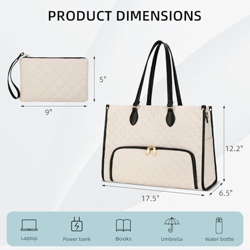 KKXIU Lunch Bag for Women 156 Laptop Bag with Insulated Lunch Compartment 2 in 1 Tote Lunch Bags Combo with Large Capacity Quilted Computer Handbag for Work Office Nurse Teacher Beige - Image 3