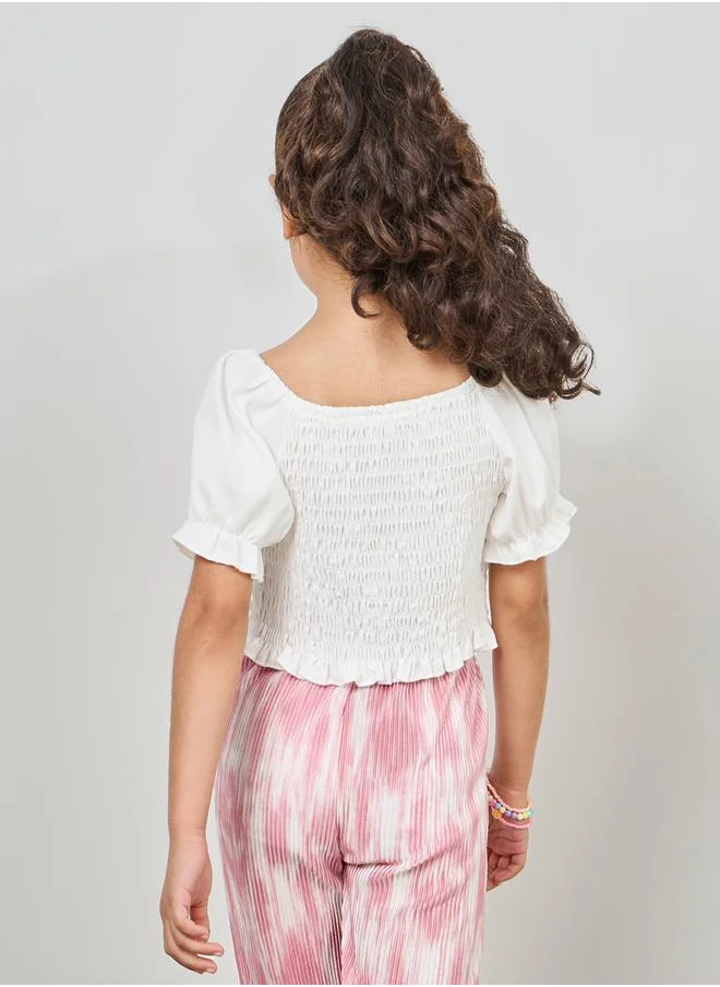 Styli Smocked Crop Top with Puff Sleeves