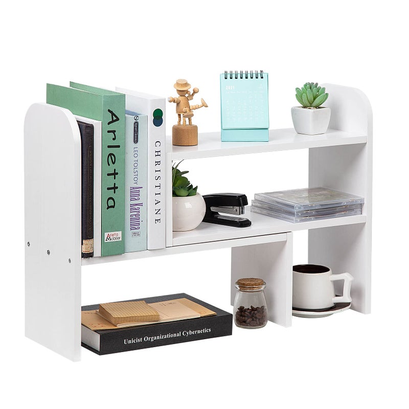VERGOODR Desktop Adjustable Natural Wood Book Shelf Organizer Office Storage Rack Display Stand Caddy Set Expandable Desk Organizer White - Image 2