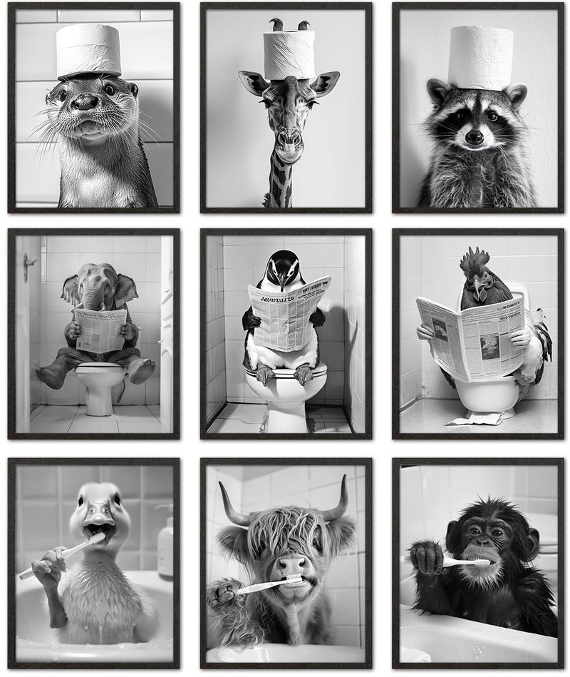 Kizbok Funny Bathroom Wall Art, Black and White Wall Art, Cute Animals Canvas Bathroom art Prints, Funny B athroom W all Decor Signs, Vintage bathroom Pictures wall Decor for Toliet Restroom- Unframed - Image 1