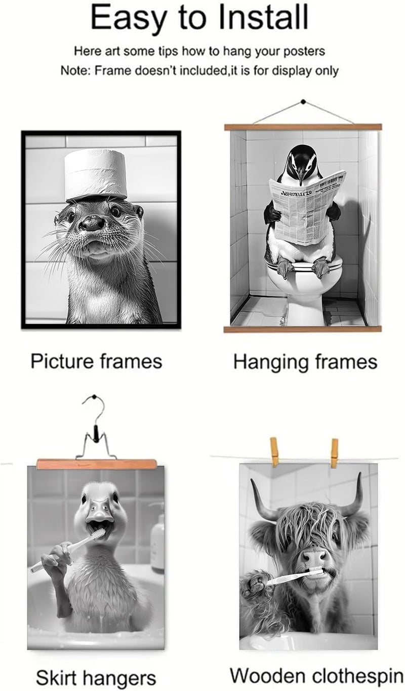 Kizbok Funny Bathroom Wall Art, Black and White Wall Art, Cute Animals Canvas Bathroom art Prints, Funny B athroom W all Decor Signs, Vintage bathroom Pictures wall Decor for Toliet Restroom- Unframed - Image 3