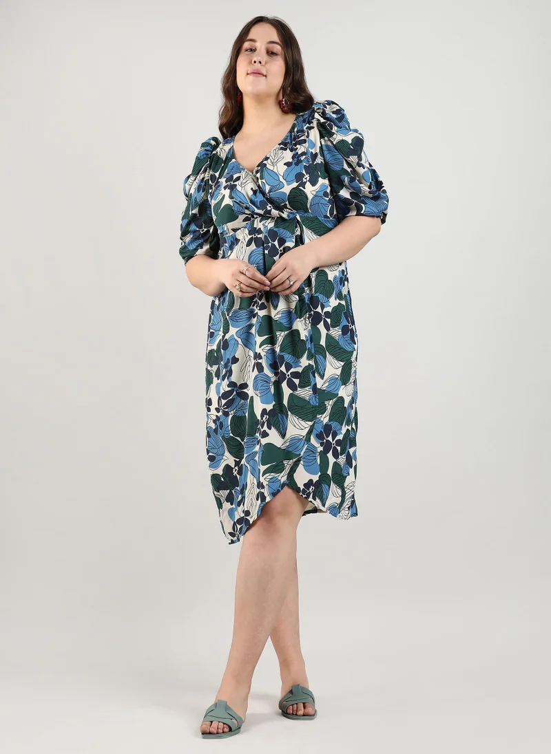 Instafab Plus Women's Forest Green Foliage Wrap Dress For Casual Wear | V Neck | Short Sleeve | Pull On Closure | Plus-Size Dress Crafted With Comfort With For Everyday Wear