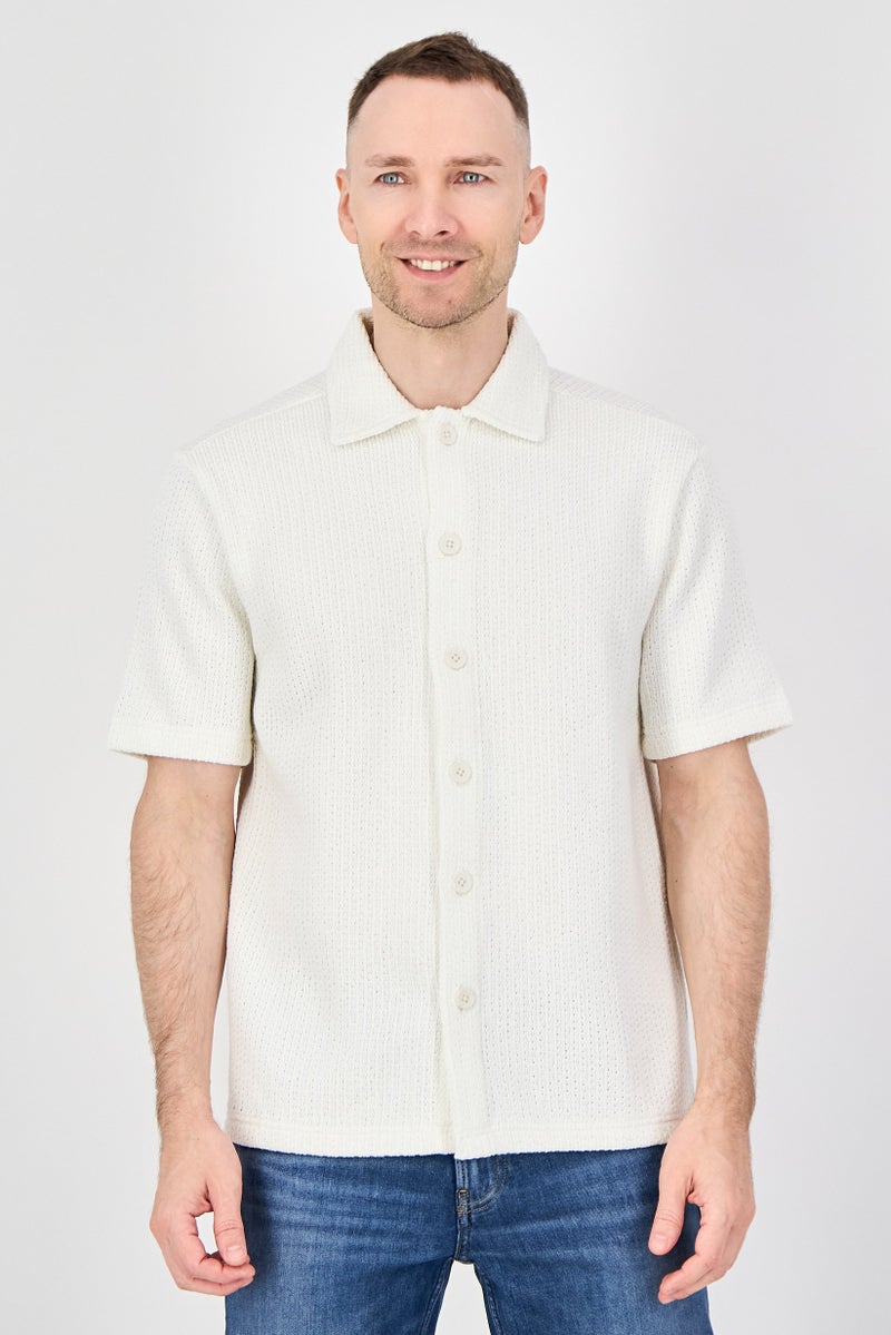 Plenum Studio Men Relaxed Fit Short Sleeve Textured Casual Shirt, Off White - Image 1