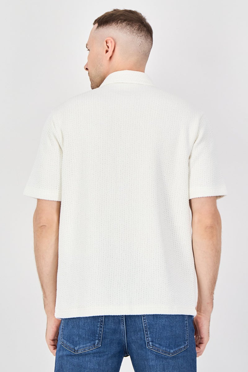 Plenum Studio Men Relaxed Fit Short Sleeve Textured Casual Shirt, Off White - Image 3